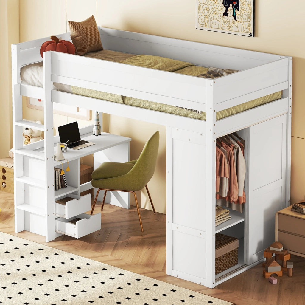 Letto a soppalco per bambini 90x200 cm con scrivania e armadio