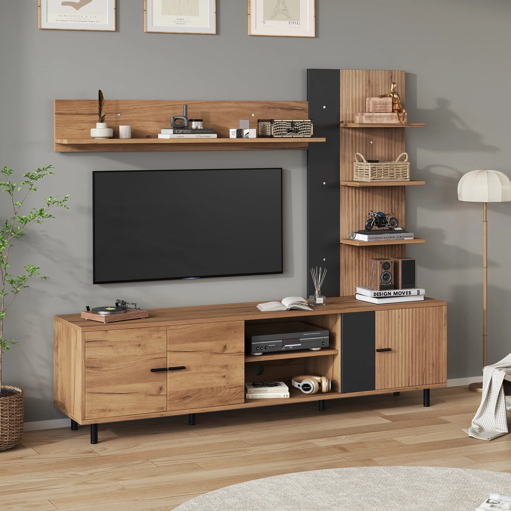 Parete TV con 3 vani chiusi e ripiani aperti, 187,5 x 40 x 167 cm, legno e nero