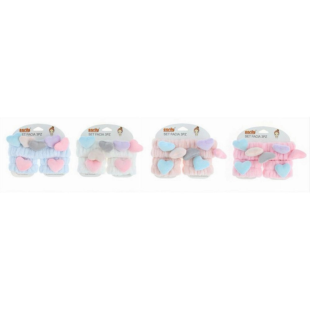 Trade Shop - Set 3pz Polsini Fascia Capelli Con Cuori Colorati Lavaggi Viso Trattamenti 10751 -