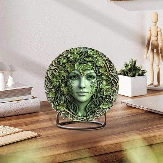 Statua da Tavolo in Legno con Viti, Ornamento da Scrivania in Legno con Foglie, 22,9x22,9 cm, Scultura Fantastica per Salotto e Camera da Letto
