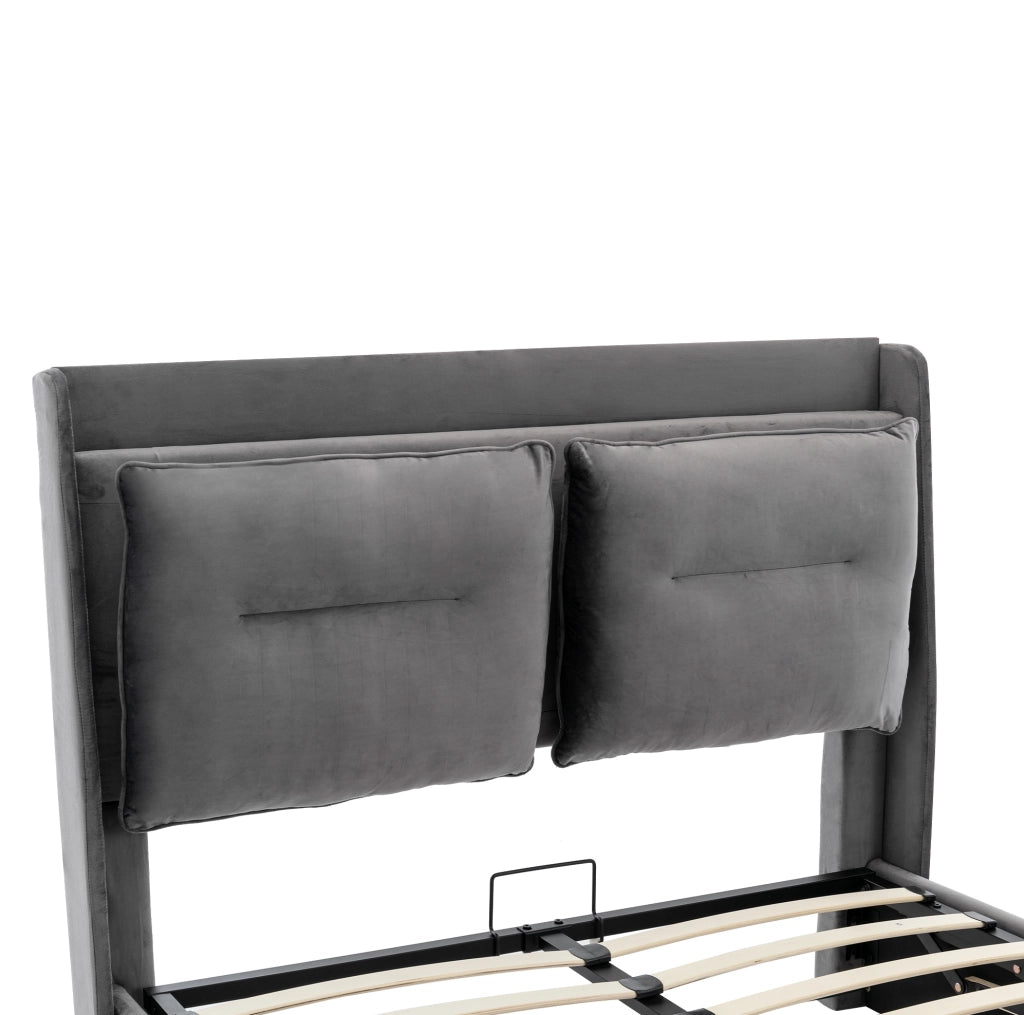 Letto matrimoniale 140x190 cm in velluto grigio scuro con contenitore; LED e testiera imbottita