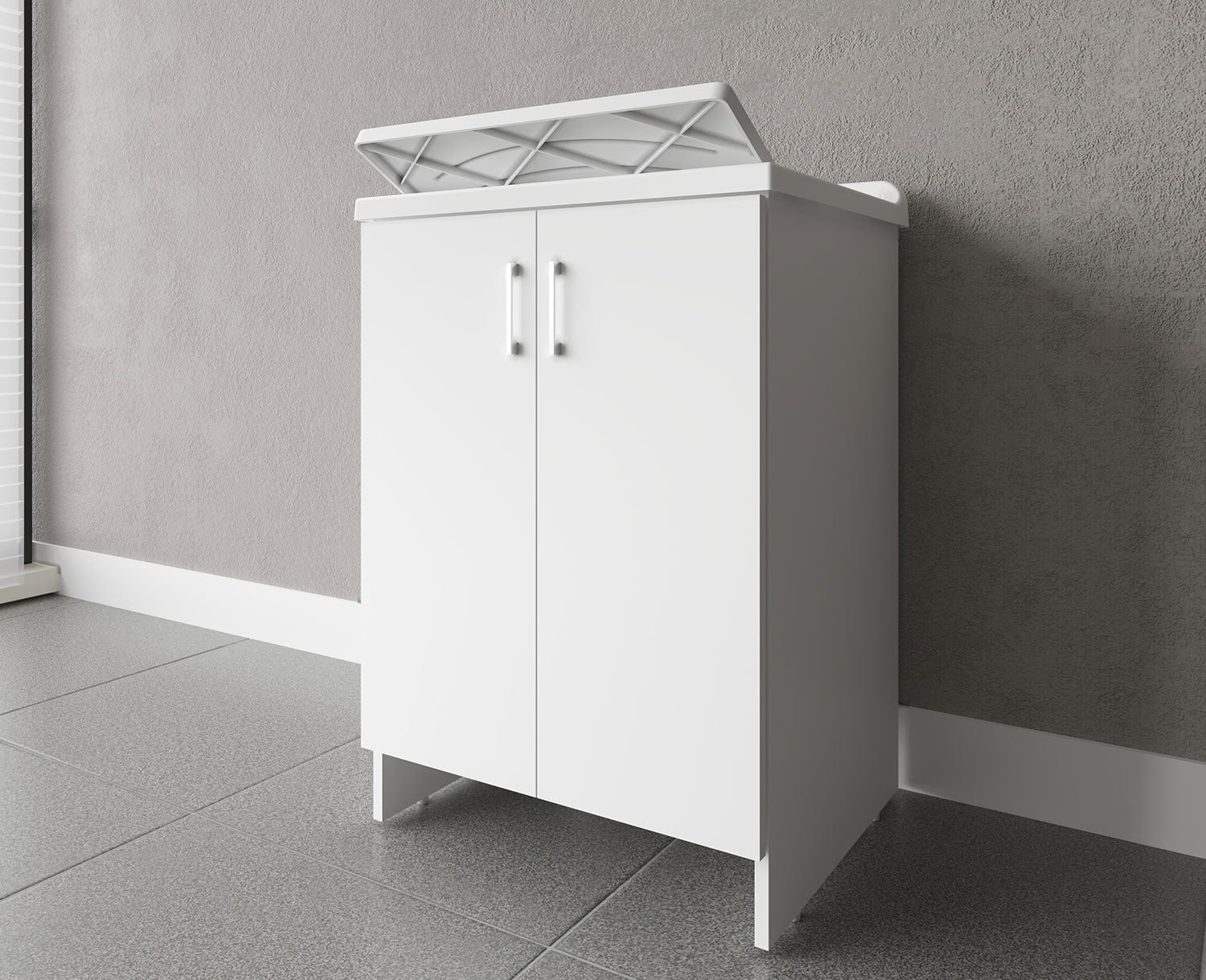 Mobile Lavatoio 2 Ante in Nobilitato 60x50x85 cm Vasca in PP con Asse in Resina e Kit di Scarico Bianco