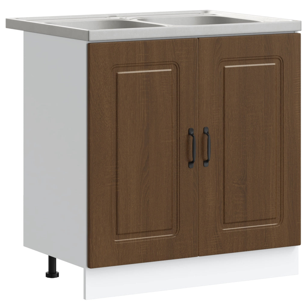 Mobile da Cucina  "Kalmar" con Doppio Lavello in Rovere Marrone in Legno Ingegnerizzato