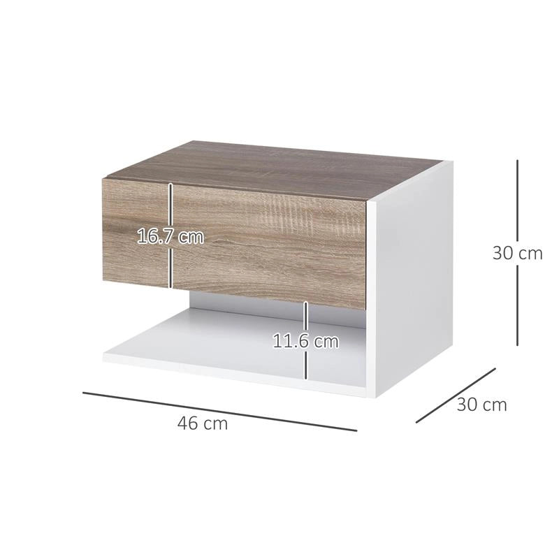 SET 2 COMODINI SOSPESI A PARETE CON CASSETTO E MENSOLA BIANCO E ROVERE