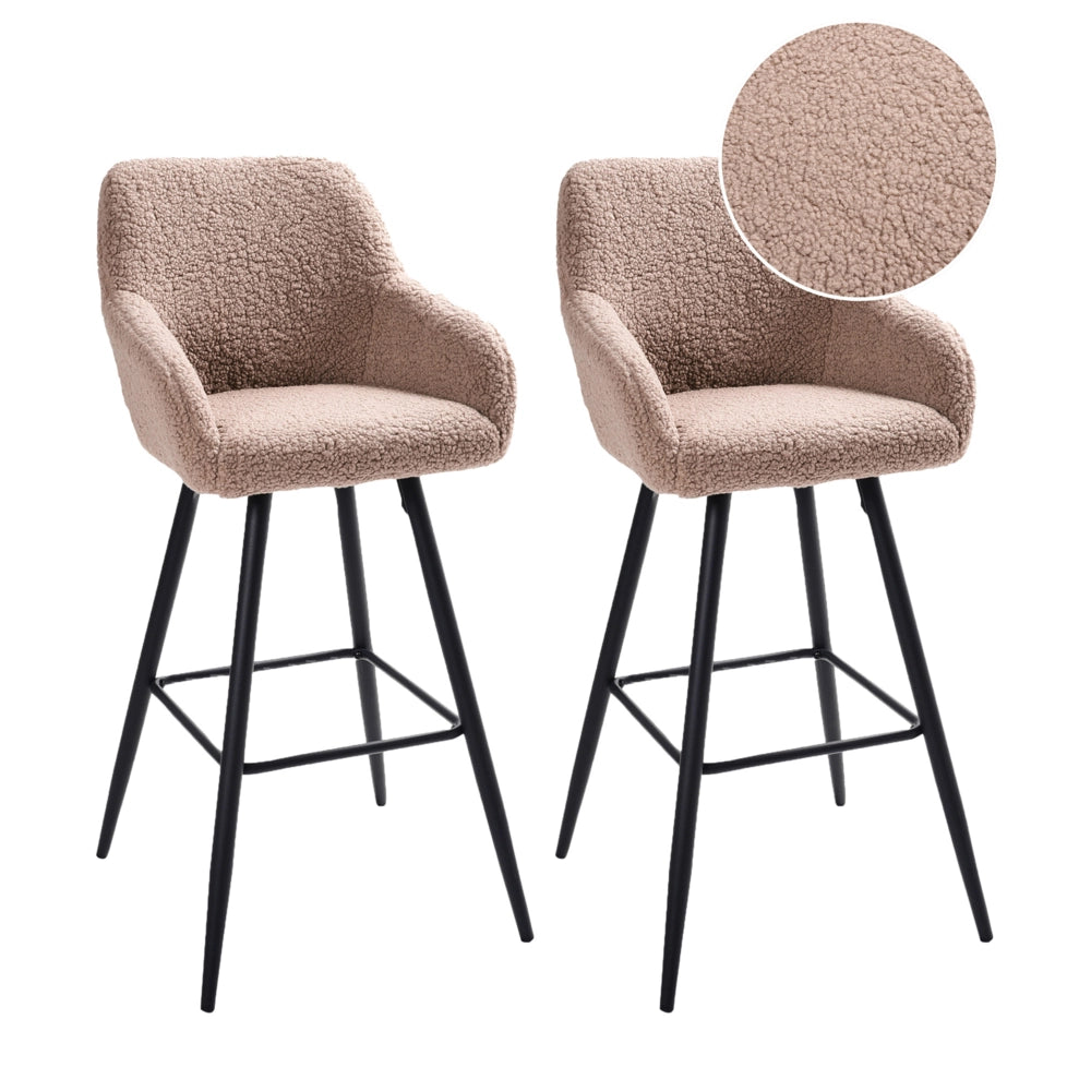 Set di 2 sgabelli da bar in tessuto bouclè tortora con seduta imbottita e gambe in metallo stile moderno soggiorno