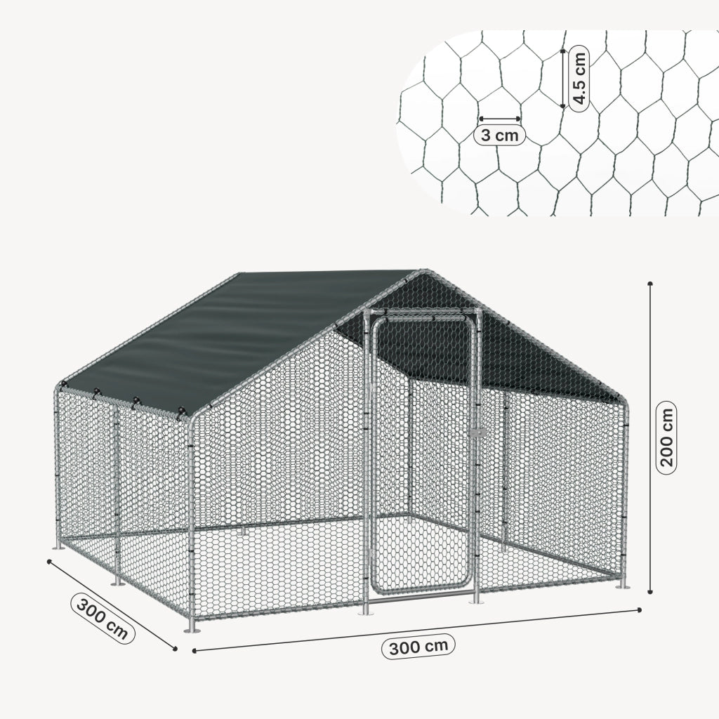 Gabbia per Pollame Wels con Tettuccio Parasole e Recinzione Rete Metallica 3x3x2 m pro.tec