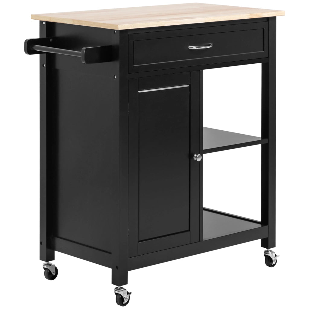Carrello da Cucina in Legno con Cassetto, Armadietto e Ruote, 83x45x88cm, Nero