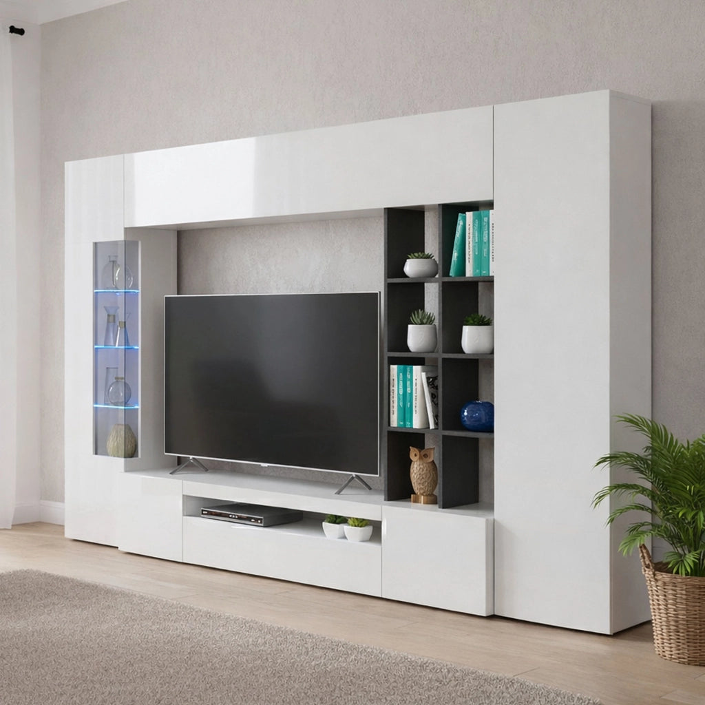 Mobile Soggiorno Andy, Parete Attrezzata 20 Ripiani Made in Italy, 290x40x192h cm Bianco Lucido