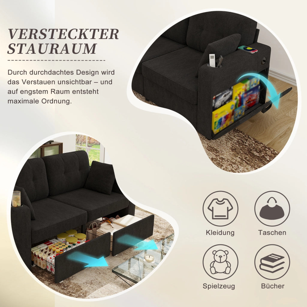 Divano a 2 posti con cassetti contenitore, portabicchieri e tasche laterali in ciniglia nera 172 × 75 × 82 cm