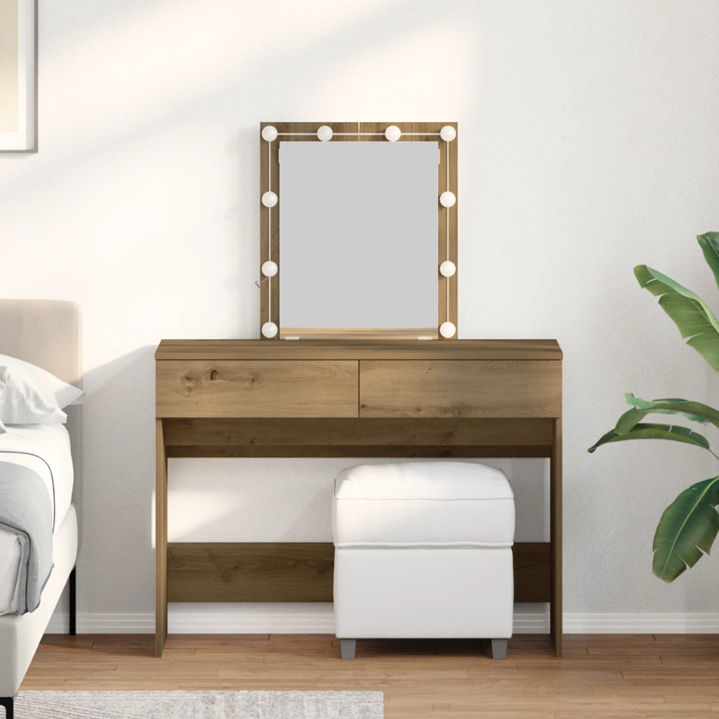 Tavolo da Toeletta con Specchio e LED Finitura Rovere Artigianale in Legno Ingegnerizzato