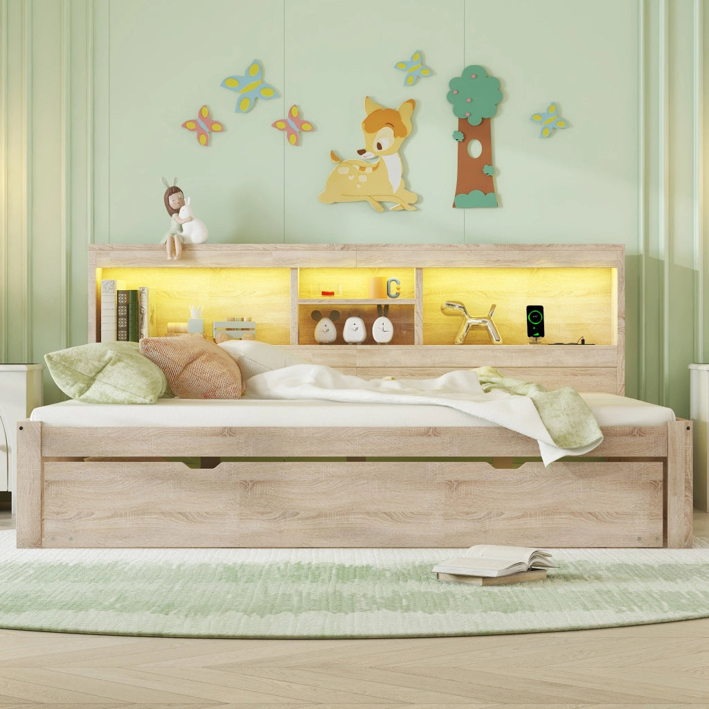 OKWISH Letto a Scomparsa 140×200 cm, Letto Matrimoniale con LED, Letto Estraibile, Vano laterale e USB, senza Materasso, Naturale