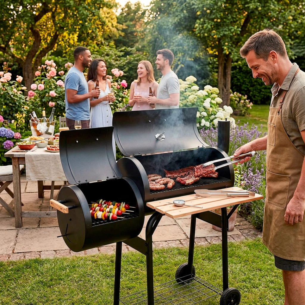 Barbecue A Carbone Con Camera Affumicatura Laterale BBQ Con Termometro Integrato Griglie Cromate Ripiano E Maniglie Legno Ruote Per Giardino E Terrazzo 109.5 x 59 x 116 Cm Nero