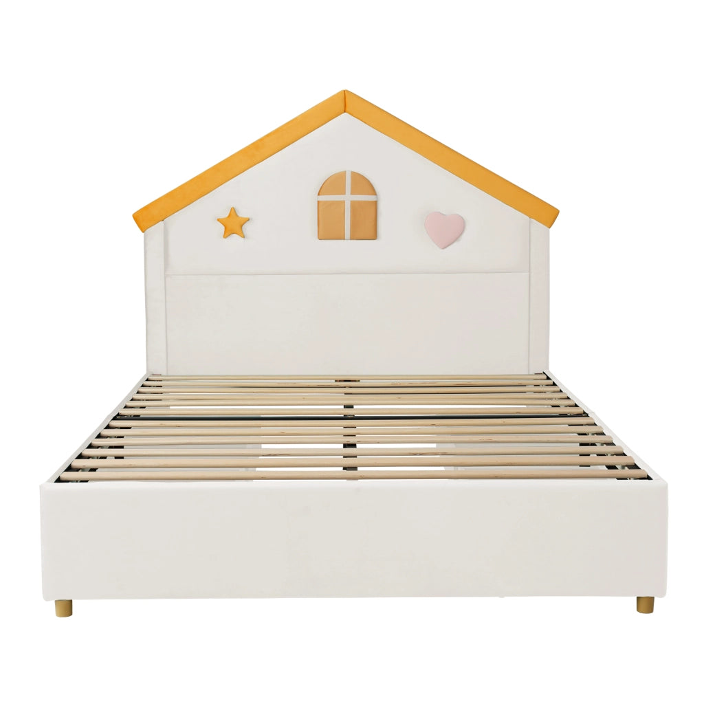 Letto per Bambini 140x200 cm con 4 Cassetti e Testiera a Casetta in Velluto Beige