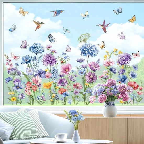 Decal per Finestre Sticker di Fiori Decorazione per Finestre Estate Primavera Sticker di Fiori e Farfalle Antibatterici Sticker per Finestre Decorazione di Vetro Sticker