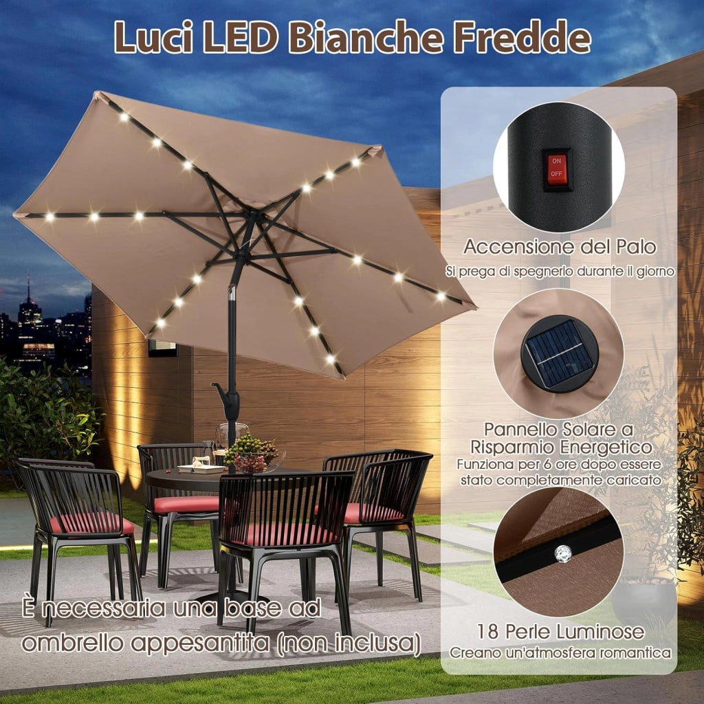 Ombrellone da Giardino 230 cm, Ombrello per Esterni con inclinazione Regolabile, 18 Luci LED, Manovella e Tettuccio Ventilato, Ombrello per Giardino, Cortile, Piscina (Marrone)