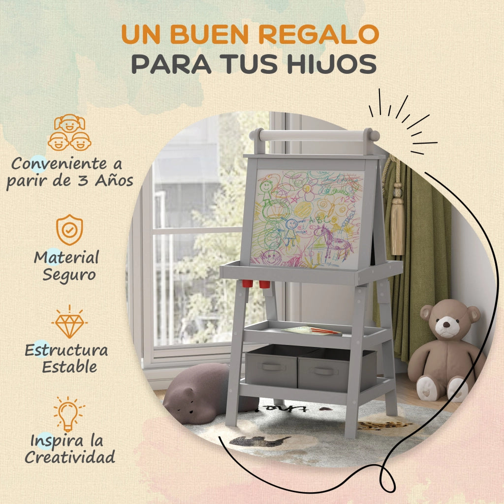 Tavolo da Disegno per Bambini 3 in 1 con Lavagna e Cestino ¨C Zephmum ¨C Grigio