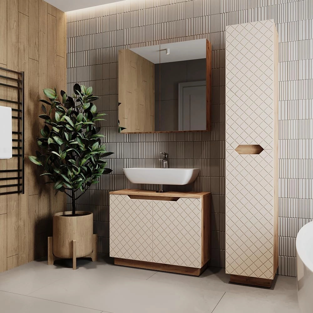 Set di mobili da bagno Lotta, Rovere/cashmere con struttura in piastrelle, 3 parti