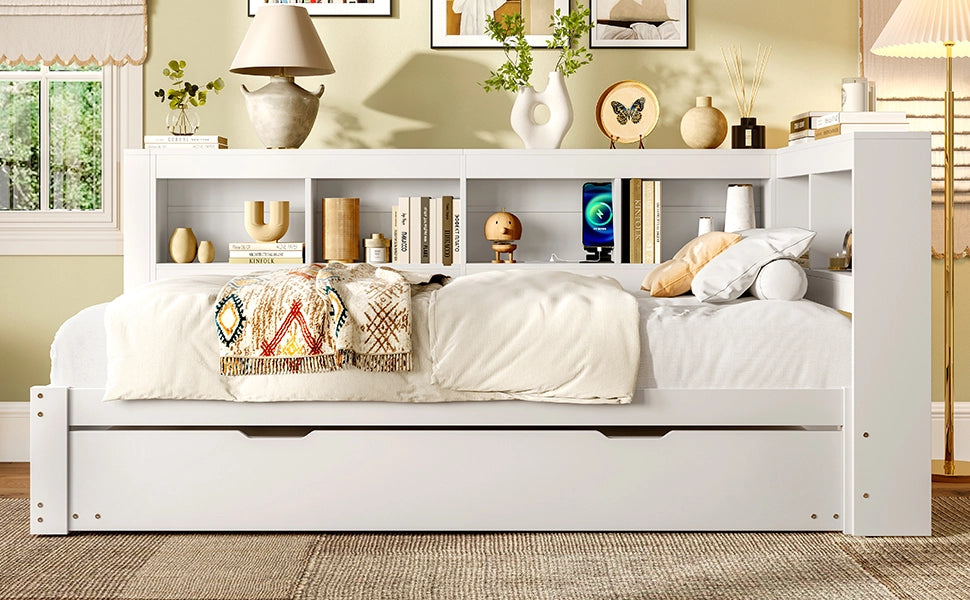 DESMIU Divano letto 90 × 200 cm 1 posto con presa, 2 porte USB e letto estraibile, senza materasso, bianco