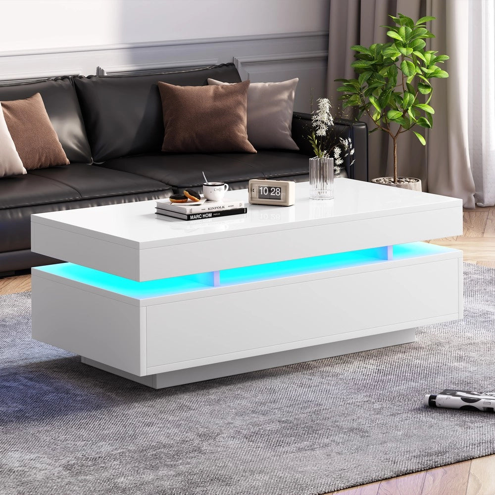 Tavolino da Caff¨¨ con 2 Cassetti e LED ¨C MINIMAL ¨C Bianco Lucido 100x50x35