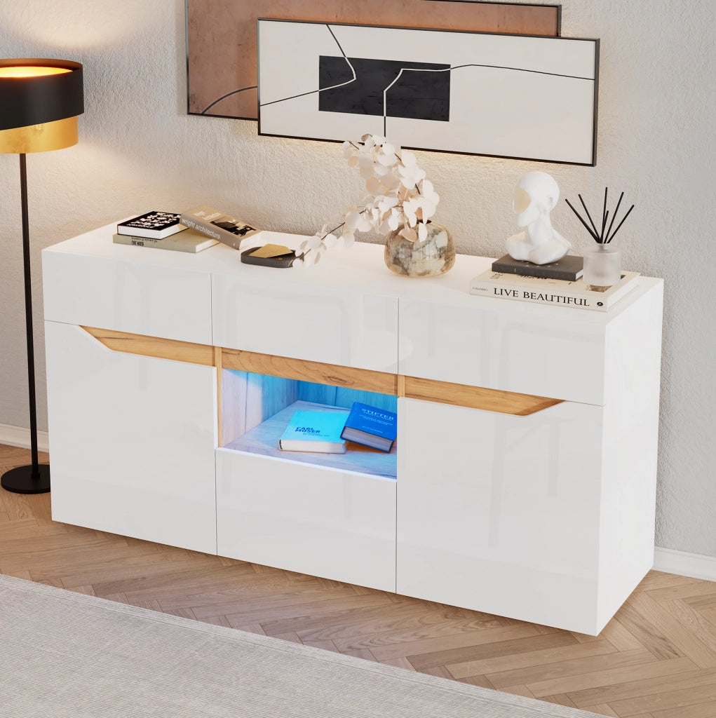 Credenza LED bianca e legno, 4 cassetti e 2 vani