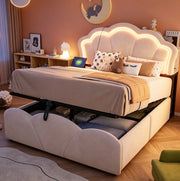 Letto imbottito 140x200 cm in velluto beige con contenitore idraulico; LED e prese integrate