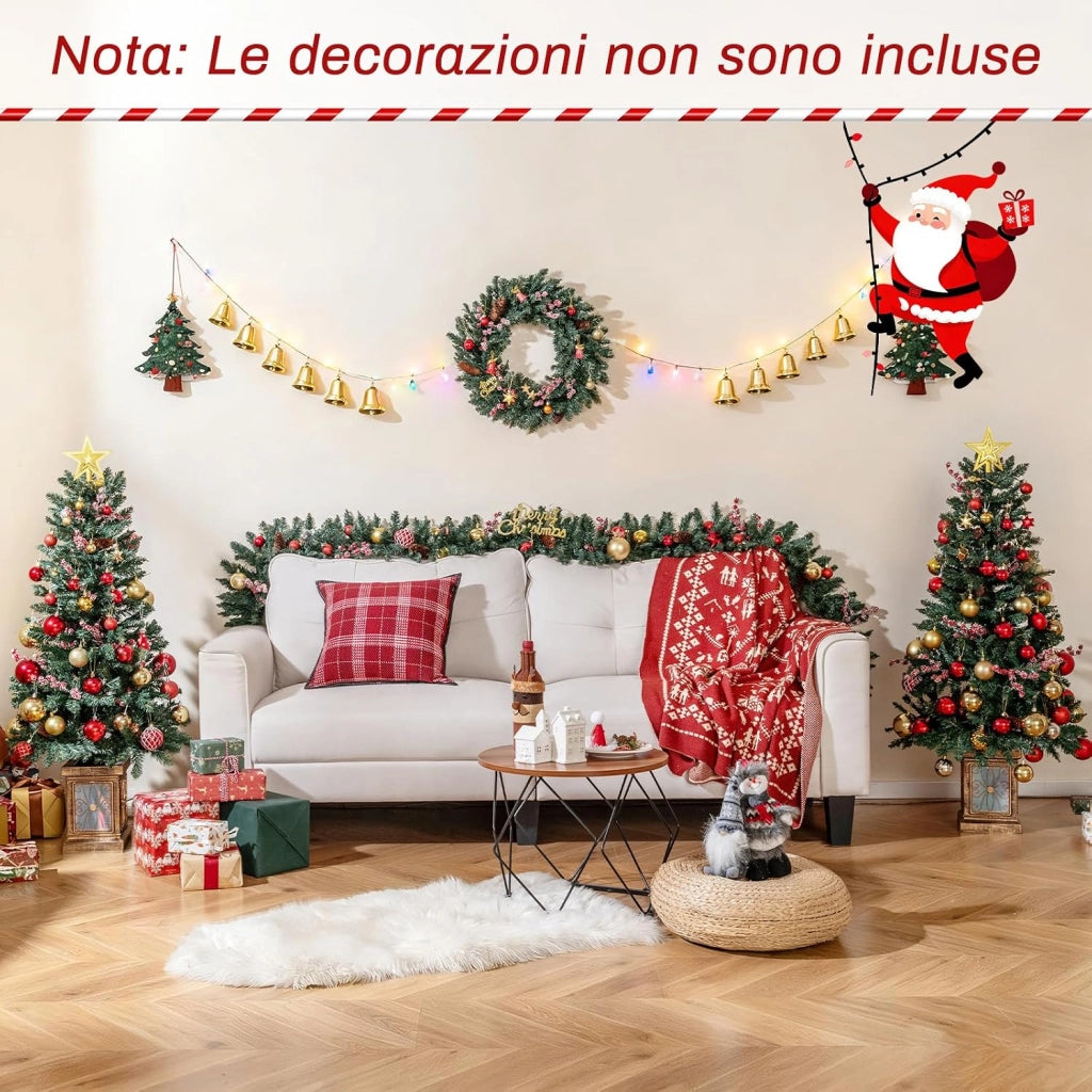 Set di 2 Alberi di Natale in Vaso con Pigne, Stella e Ghirlanda | Decorazione Natalizia per Camino, Ingresso e Festa con Corona e Bacche Rosse Ghiacciate