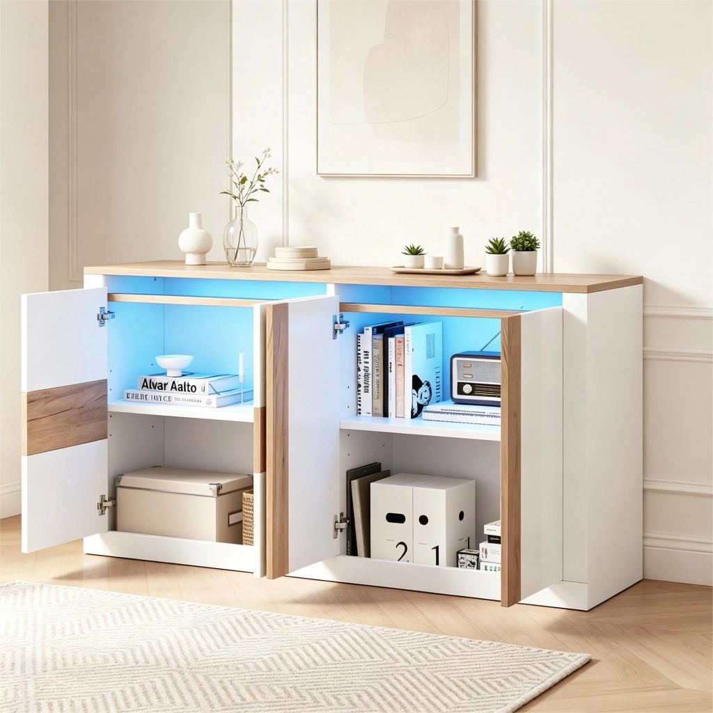 Sideboard 140¡Á35¡Á70 cm in MDF, 4 ante scorrevoli, LED RGB, finitura bianco lucido/effetto legno naturale e ripiani regolabili.