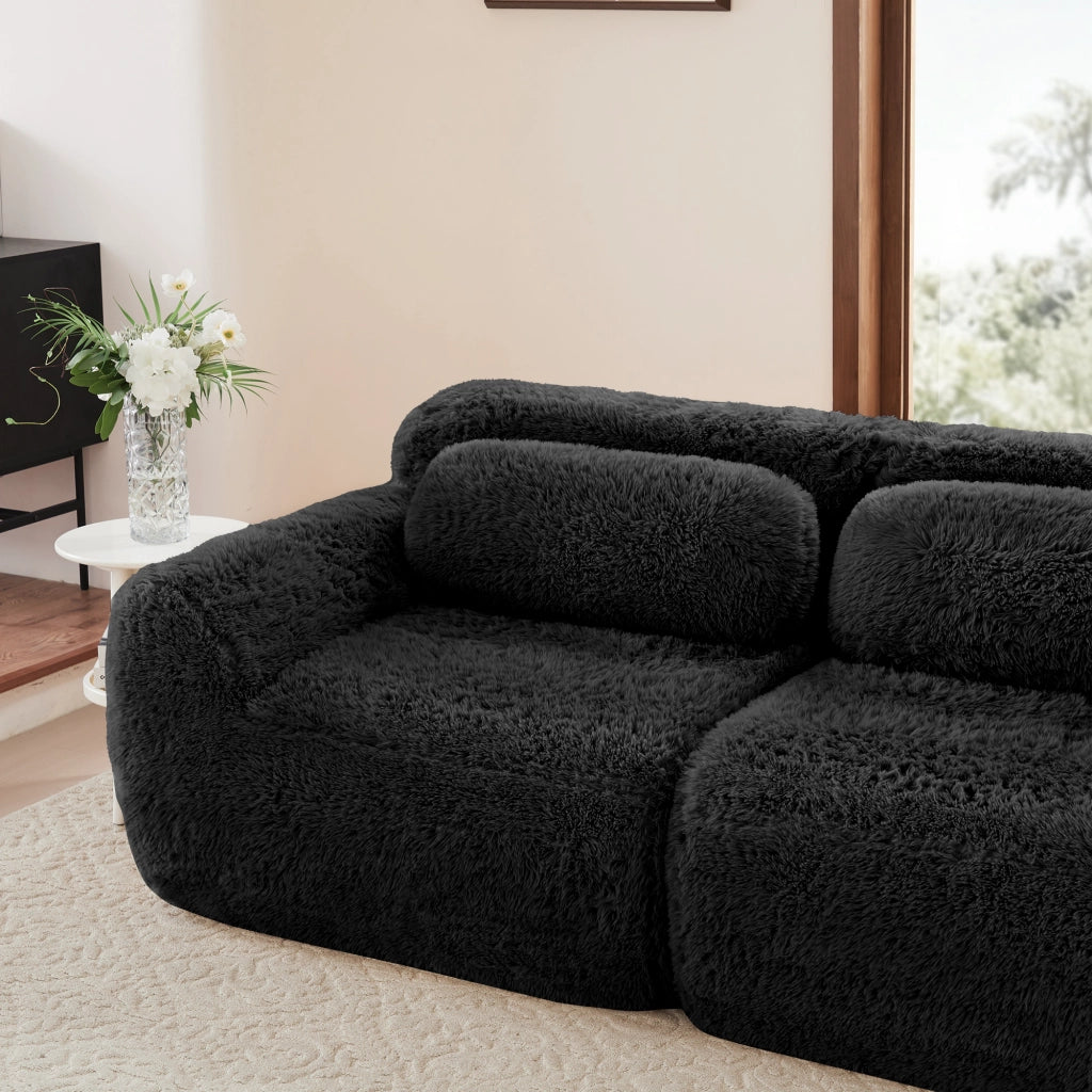Divano Angolare Modulare 2 Posti con Design Senza Struttura, Cuscini e Base Antiscivolo, in Peluche Nero