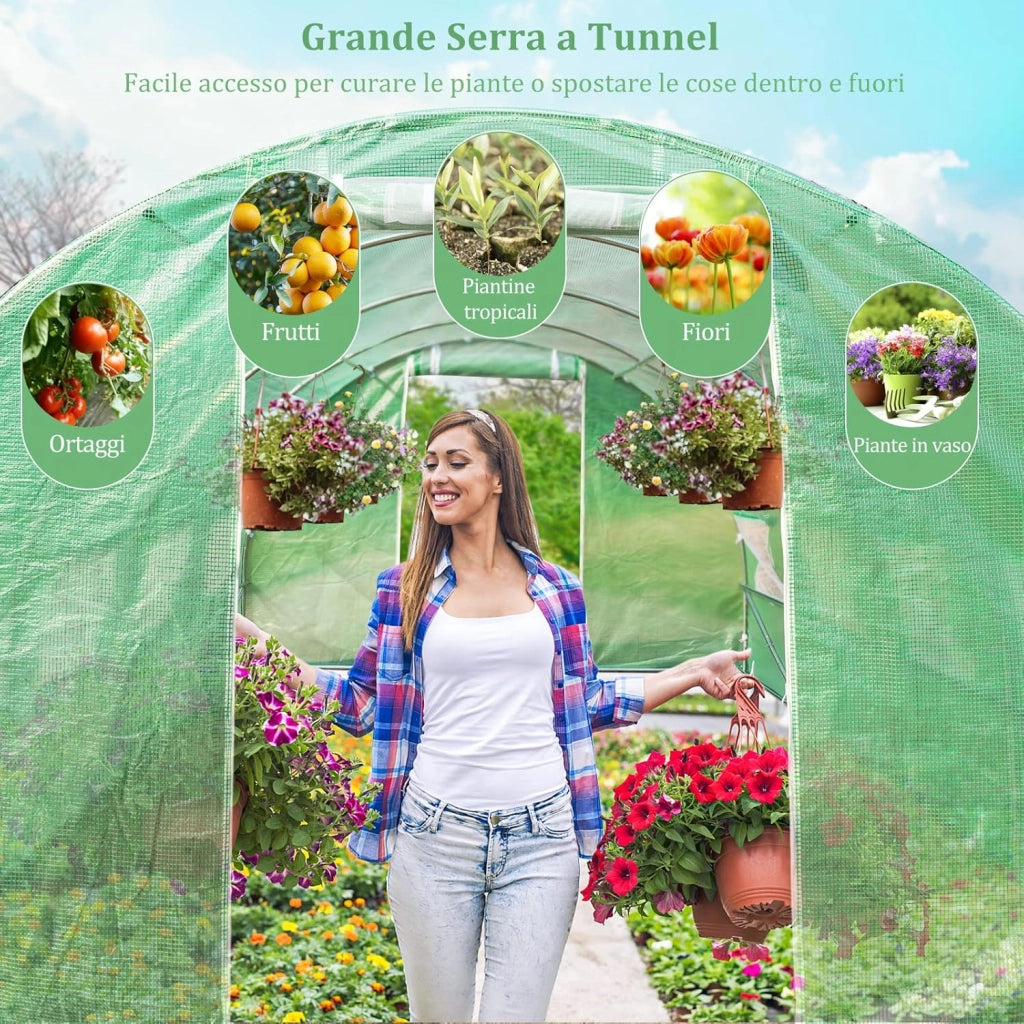 Serra da Giardino, Serra Tunnel per Piante e Orto con Copertura Resistente, Struttura Robusta in Acciaio Zincato, Finestre Avvolgibili e Porte con Cerniera (600 x 300 x 200 cm)
