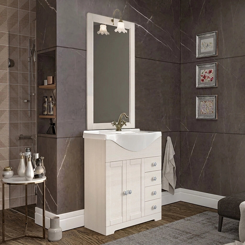 Mobile bagno a terra 75 cm bianco decape con lavabo e specchio Romantica