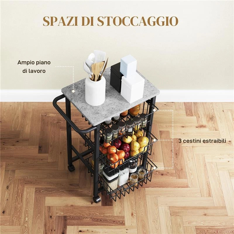 CARRELLO DA CUCINA A 3 CESTELLI CON MANIGLIA, IN ACCIAIO E LEGNO, 49.5X31X69 CM, NERO E GRIGIO CHIARO