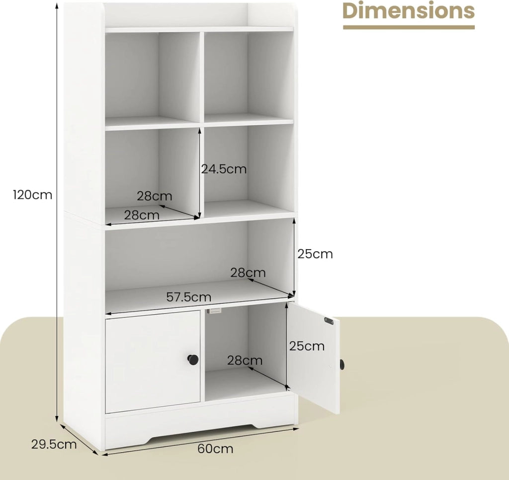 Libreria a 5 Ripiani, Scaffale con 5 Cubi Aperti e Armadio a 2 Porte, Libreria Autoportante con Kit Antiribaltamento per Soggiorno, Camera da Letto e Studio, 60 x 29,5 x 120 cm, Bianco