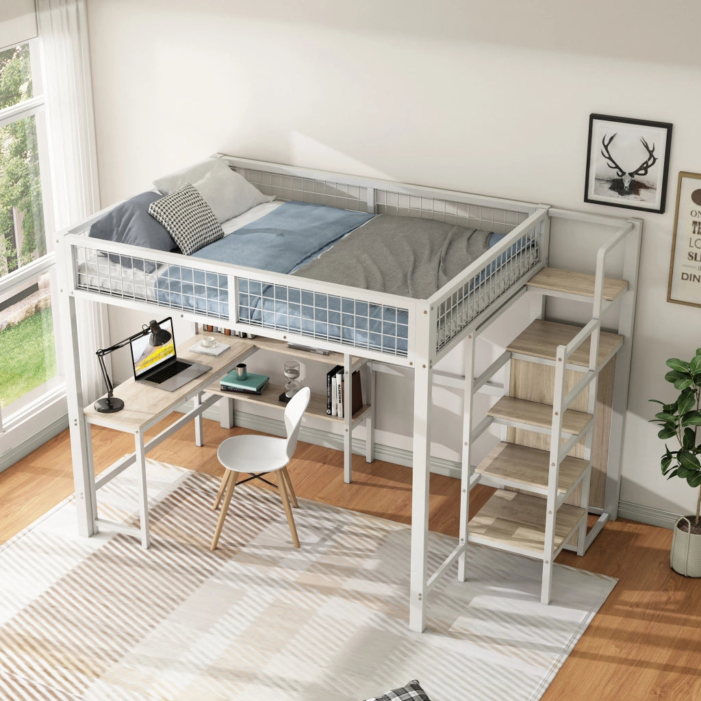 Letto a soppalco 140x200 cm con scrivania e armadio, bianco
