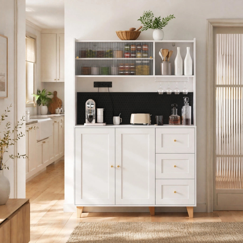 Mobile bar con 3 cassetti, ripiani regolabili, portabicchieri e prese USB, in MDF e PB bianco 120 × 40 × 184 cm