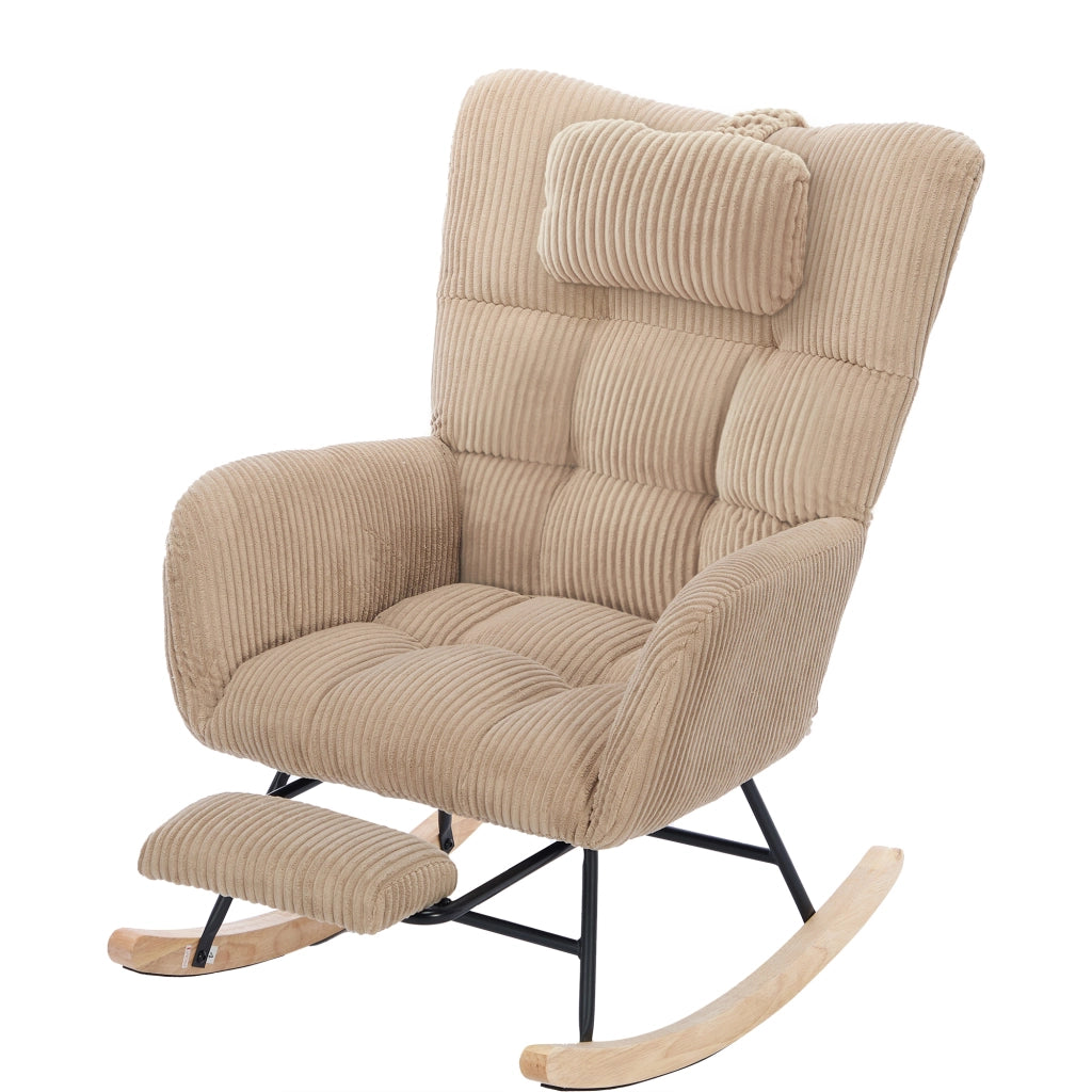 Poltrona a Dondolo in Velluto a Coste Marrone 102x65x92 cm con Poggiagambe e Cuscino Cervicale