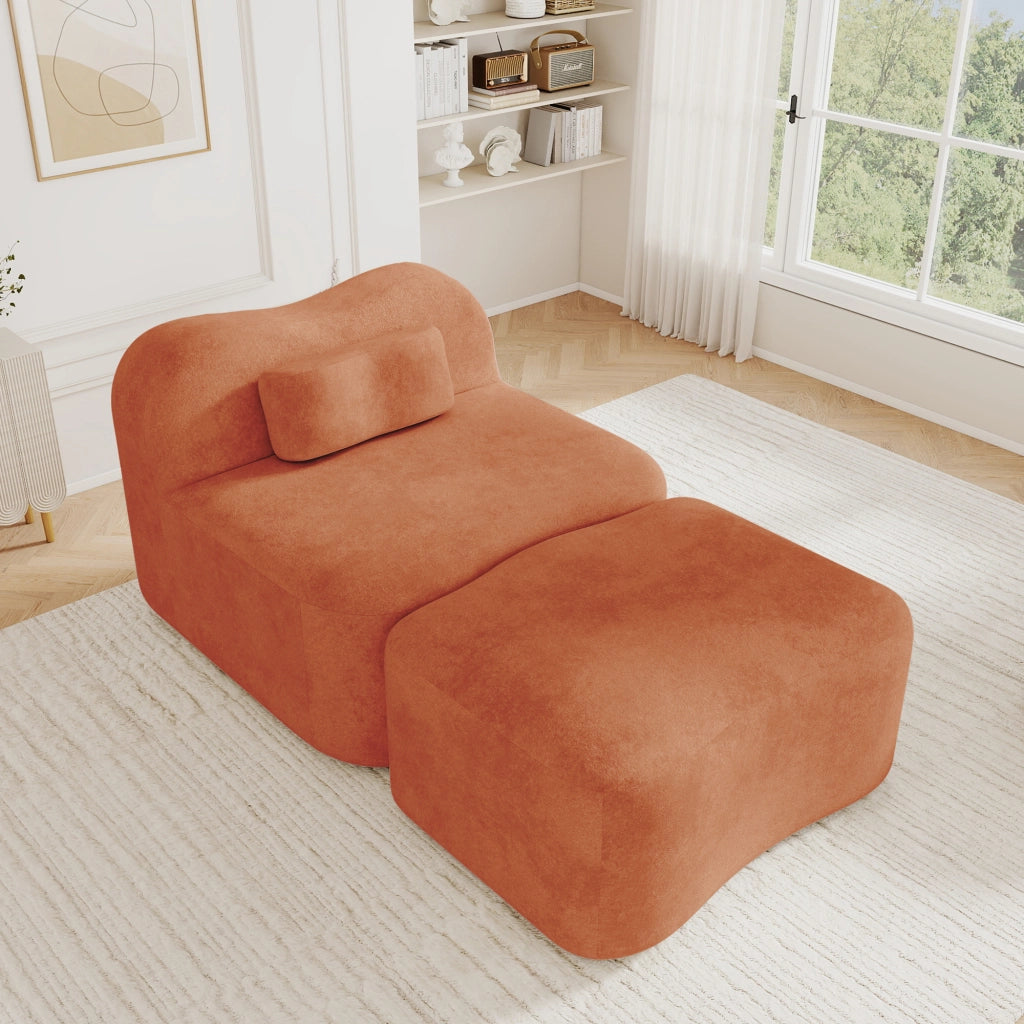 Divano modulare senza telaio con pouf collegabile, seduta profonda e cuscini ergonomici in velluto arancione