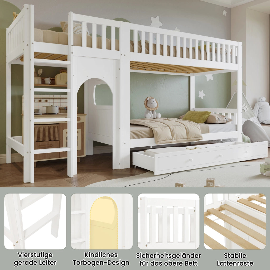 Letto a castello per bambini con scala e sponde, 90x200 cm, bianco