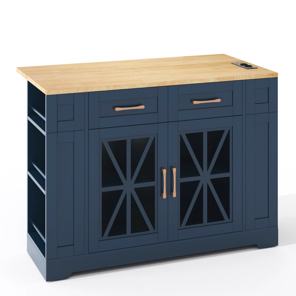Isola da Cucina Mobile 120x40/65x92 cm Blu e Legno con Piano Ribaltabile, 2 Prese, 2 USB e Ruote