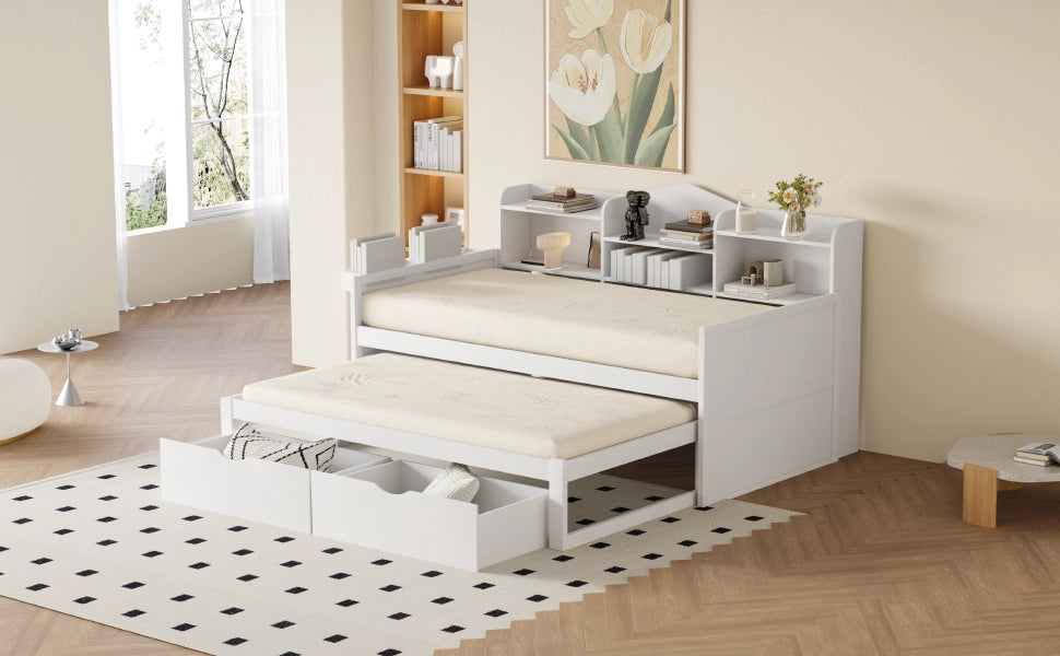 DESMIU Divano letto 90 × 200 cm 1 posto con cassetti, vano, cestino e presa USB, senza materasso, legno, bianco