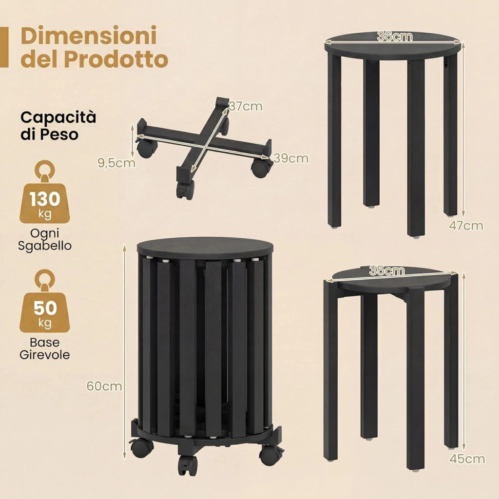 Set di 4 Sgabelli Impilabili 4 in 1, Sgabelli in Legno con Portavaso con Rotelle, 2 Grandi Ø36 cm e 2 Piccoli Ø35 cm, Tavolino Laterale Rotondo per Soggiorno e Camera da Letto (Nero)