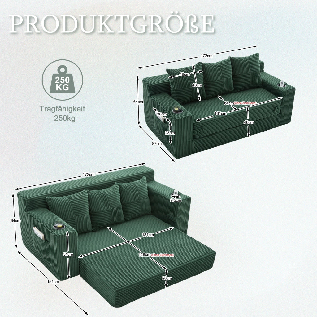 DIVANO Modulare 2 Posti 172x87x64 cm Velluto a Coste Verde Smeraldo