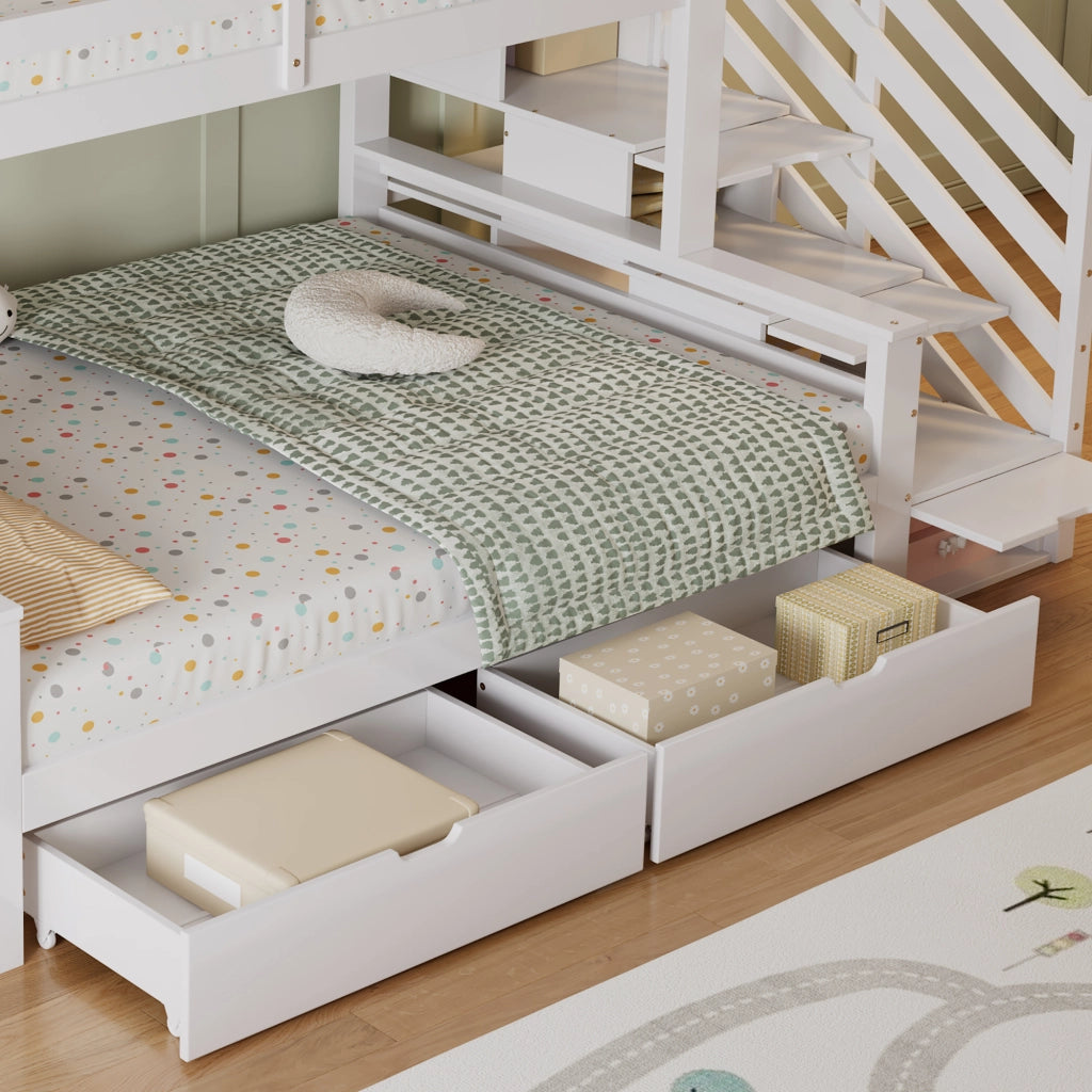 Letto a castello per bambini con scala contenitore, due cassetti su ruote e design con tetto, bianco, 90x200 cm e 140x200 cm