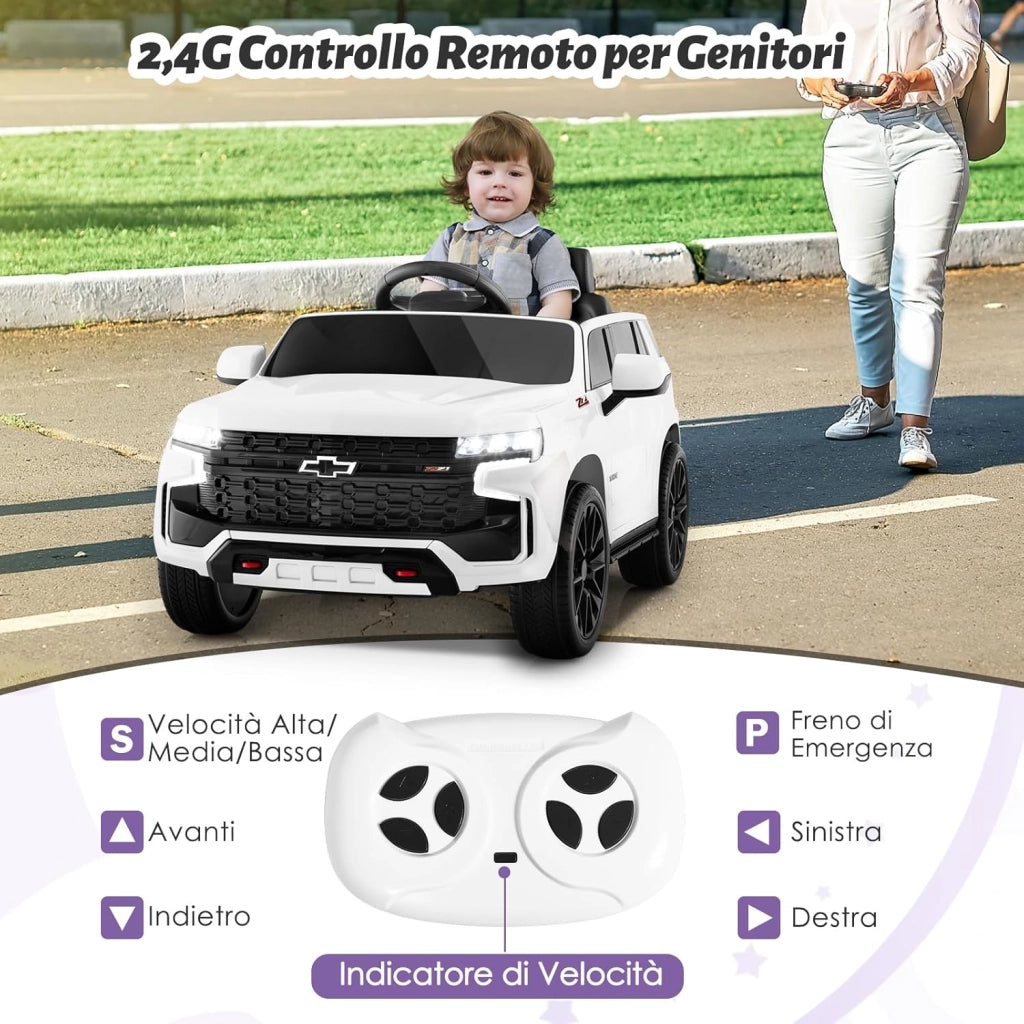 12V Macchina Elettrica per Bambini Chevrolet, SUV Elettrica con Telecomando Luci Luminose e Musica, 3-3,5 km/h, Ideale per Bambini di 3-6 Anni (Bianco)