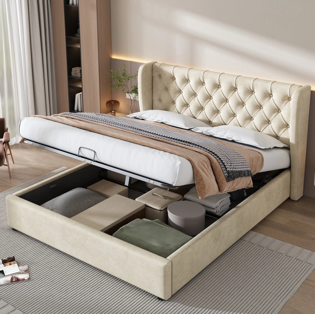 Letto matrimoniale imbottito stile Chesterfield 180x200 cm in velluto beige con contenitore