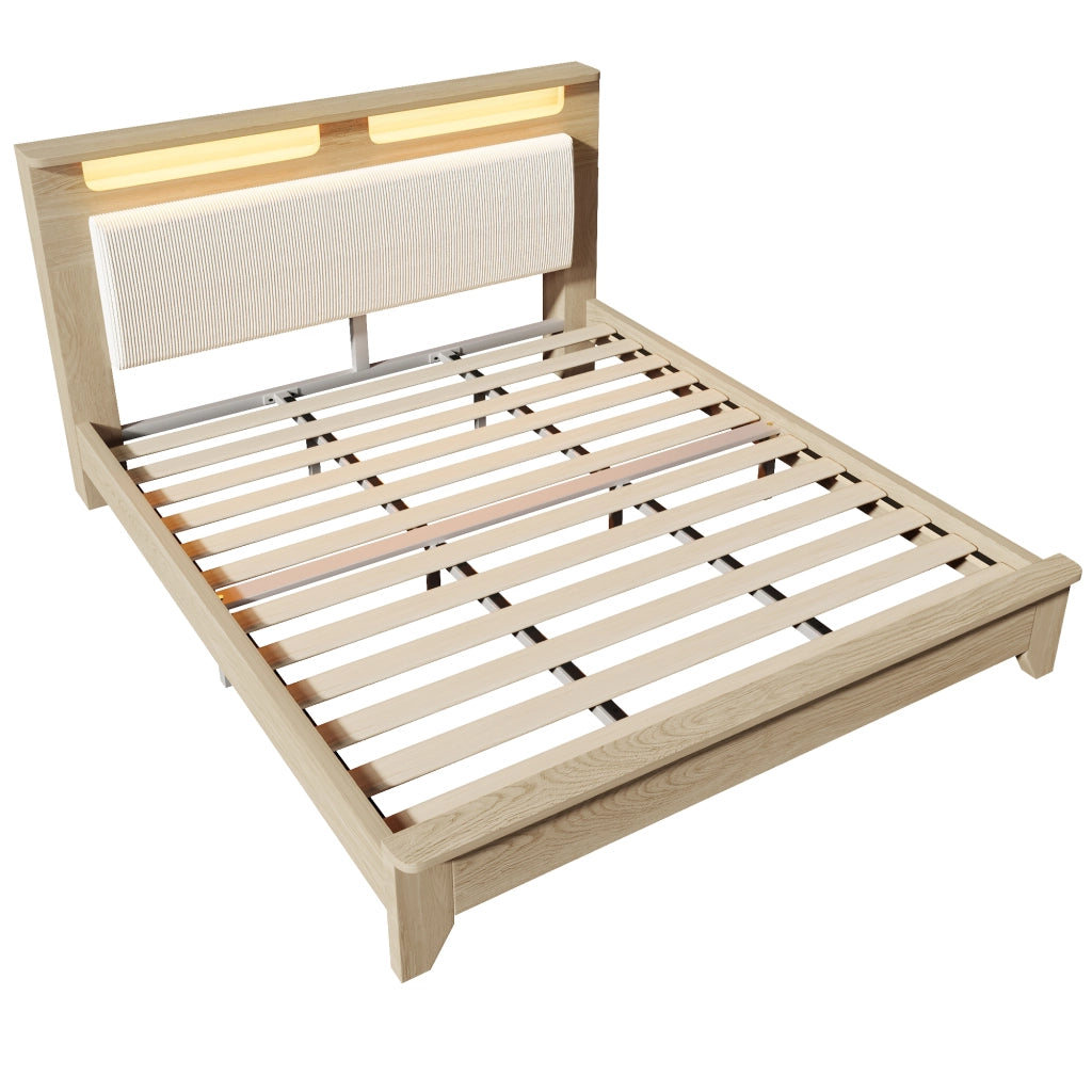 Letto matrimoniale 180 × 200 cm con testiera portaoggetti, LED regolabile e schienale in corda beige, senza materasso