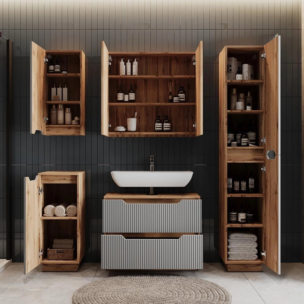 Set di mobili da bagno Lotta, Rovere/grigio a righe, 3 parti
