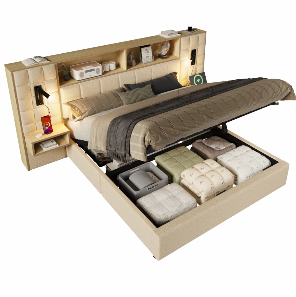Letto matrimoniale 180x200 cm con contenitore; comodini sospesi; luci da lettura USB e Type-C; beige
