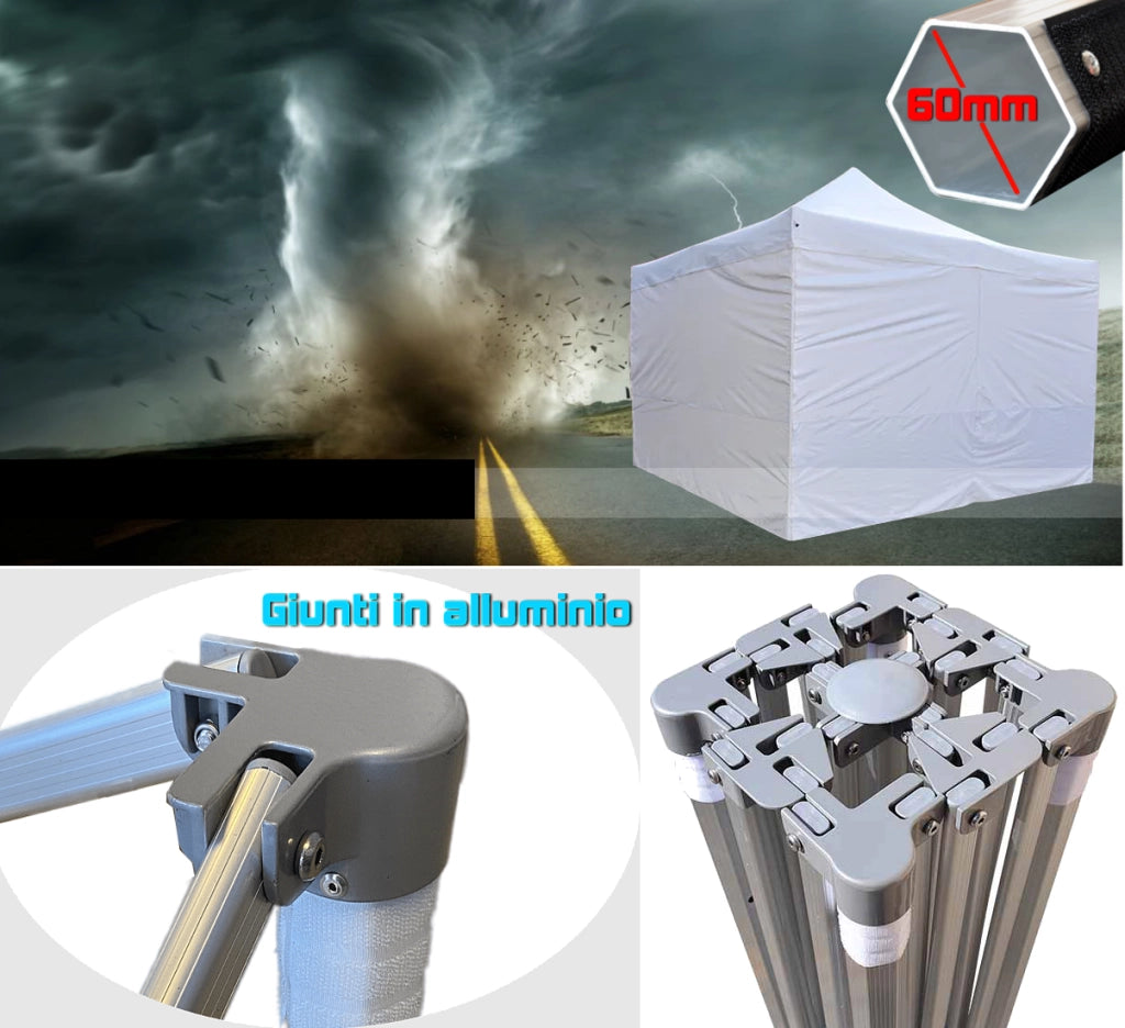 Gazebo 4x4 m bianco certificato IGNIFUGO SENZA laterali pieghevole alluminio piantone esagonale 60mm portatile estendibile richiudibile estensibile acciaio per fiere eventi stand chiosco tenda tendone mercato mercatino