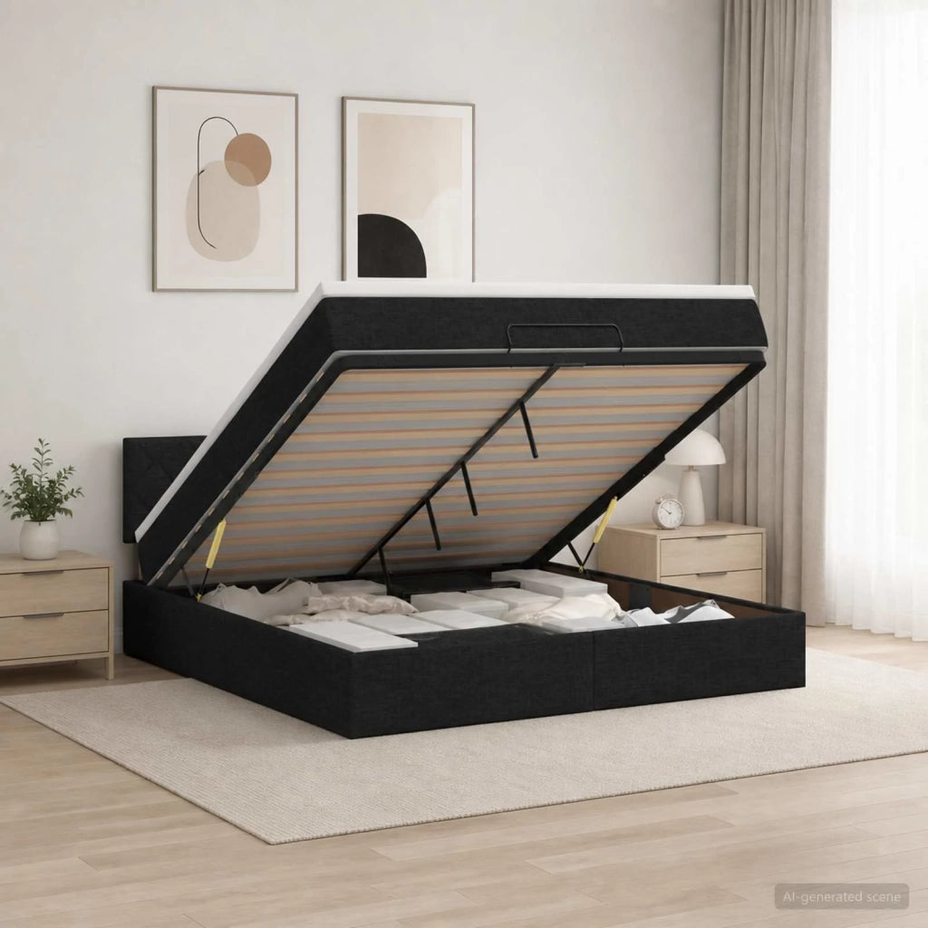 Letto Ottomano con Materasso e LED Nero 140 x 200 cm Tessuto 3456997