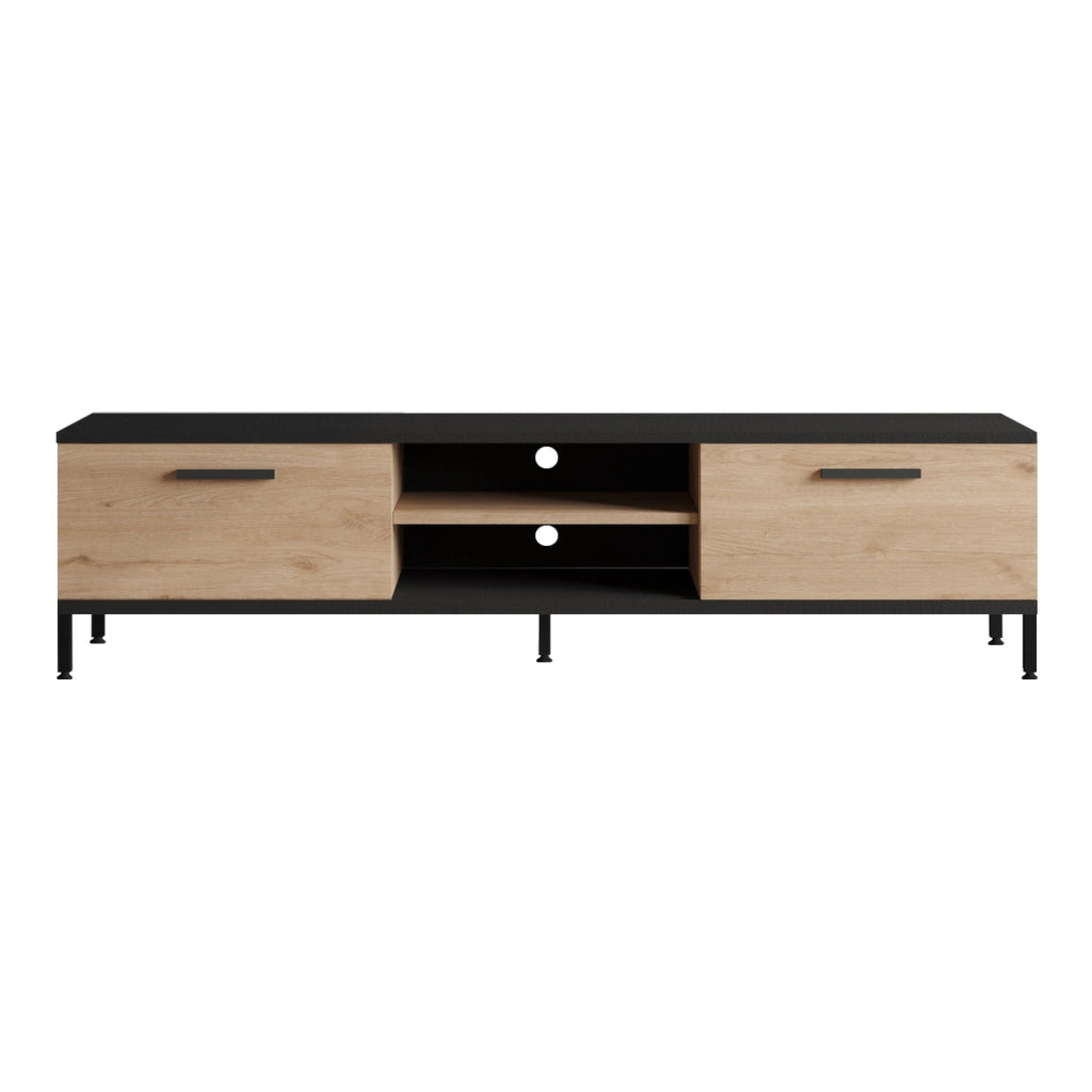 Mobile Basso 'Lempäälä' Supporto TV con Passaggio Cavi Consolle con Sportelli a Ribalta - Effetto Rovere / Nero [en.casa]